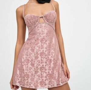 For Love And Lemons Shai Mini Dress Pink Floral Lace Crystal Embellishment Large